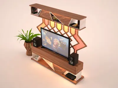 TV Set entertainment unit with plant and 3D model