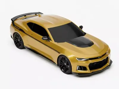 Modern Golden Yellow Muscle Car with Aerodynamic Sport Kit Low-poly 3D model