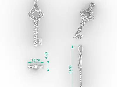 Luxury Four Leaf Clover Key Diamond Necklace 3D print model