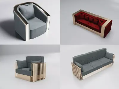 Collection 3D Brass Grey  Red Modern Seating Set Armchairs-Sofas 3D model