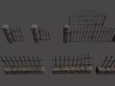 Stone Fence and Gates Low-poly 3D model