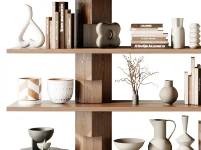 Wooden Shelves Decorative With Plants and Book - Wooden Rack 28 3D model