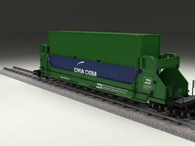 Green Train Well Car w Containers 3D model