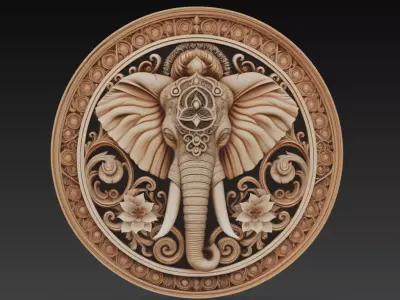 Ornate Elephant Medallion - Sacred Decorative Relief Sculpture 3D print model