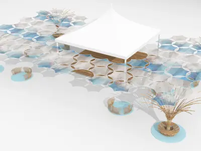 wooden seating with roof and pagoda01 3D model