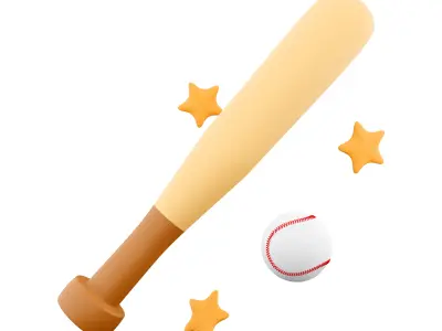 3d baseball ball and bat with stars around the icon 3D model