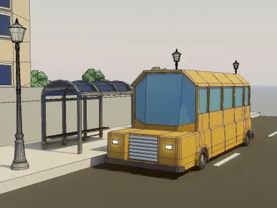 Low poly School building with soccer field Low-poly 3D model