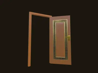 Ornamental Wooden Door with Golden Frame and Patterned Glass 3D model