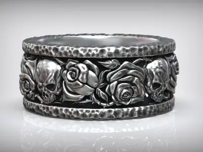 Forged Roses Skull Pattern Hammered Ring 3D print model