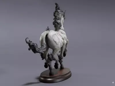 Fantasy Mythical Horse Sculpture Dark Magic Steed Horns Flames Low-poly 3D model