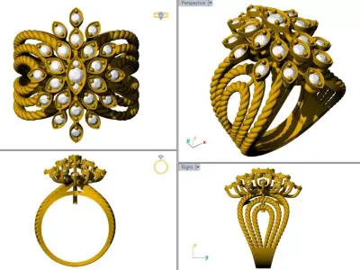 Floral Diamond Cluster Gold Ring 3D print model