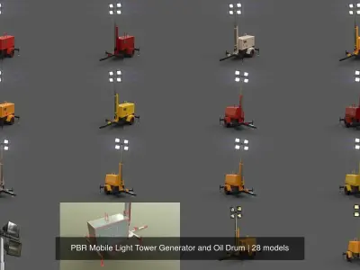 PBR Mobile Light Tower Generator and Oil Drum 3D Model Pack