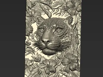 Leopard Head with Flowers Background  A65 3D print model