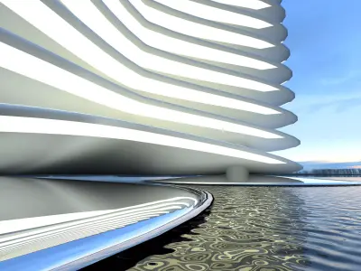 scyscraper futuristic structure in middle of body of water 3D model