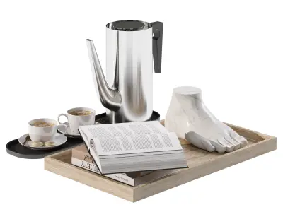 Coffee set 11 - tray pot cup books figurine 3D model