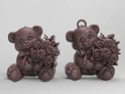 valentines cute teddy with flowers  3D print model
