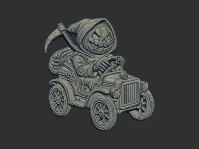 pumpkin grimreaper driving car 3D print model