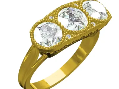 Three Stone Vintage Style Art Deco Ring 3D print model