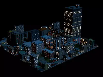 City Downtown Skyscraper Street 10 - NIGHT Low-poly 3D model