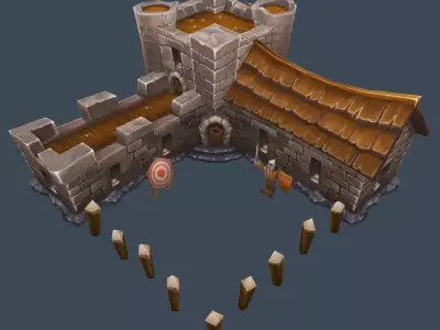 Cartoon Old Stone Fortress Wall Barack Building Low-poly 3D model