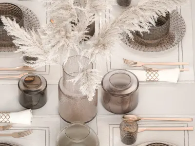 Table setting with a bouquet of white pampas grass 18 3D model