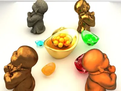 Chinese gold ingot with monk kids 3D model