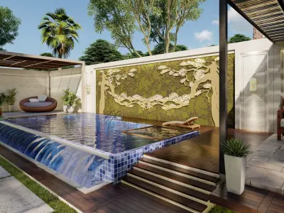 luxury backyard design with swimming pool 3D model