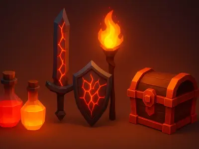 Low Poly Fire Fantasy Props Pack RPG Weapons Potions 3D print model