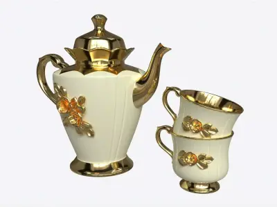 Teapot and Cups Decorated with Golden Flowers 3D model