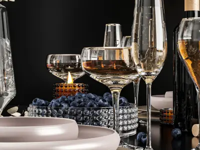 Tableware table setting with wine glasses and silverware 3D model