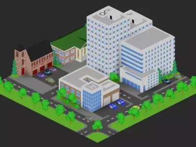 3D Isometric city in Blender Low-poly 3D model