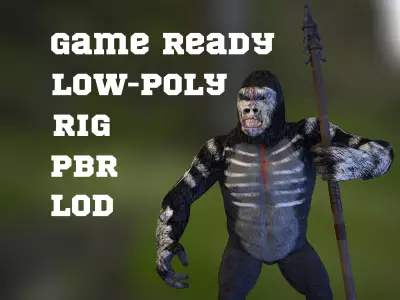 Gorrila warrior with weapons game ready model with pbr textures Low-poly 3D model