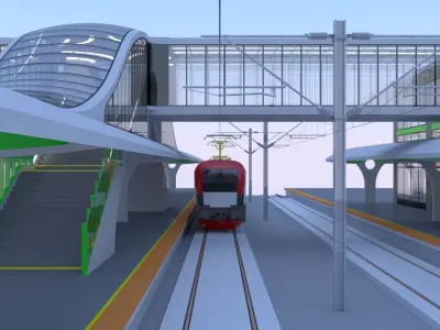 Railway station with train 3D model