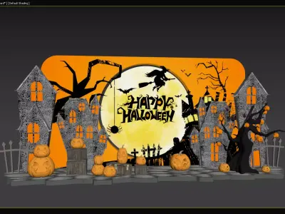 Halloween Decorative Scene with Haunted Houses and Pumpkins 3D model
