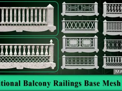 60 Traditional Balcony Railings Base Mesh pack Low-poly 3D model
