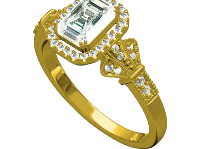 Emerald Stone Round Diamond Halo Art Deco Ring 3D print model