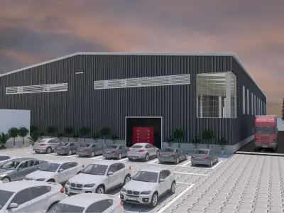 INDUSTRIAL BUILDING WITH LANDSCAPE AND COLUMNS AND BEAMS DETAILS 3D model