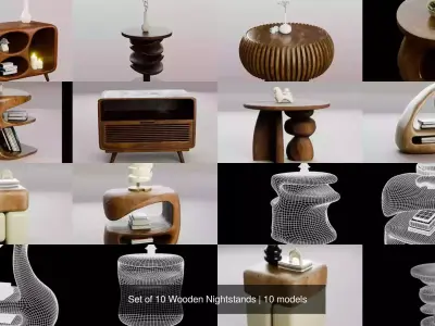 Set of 10 Wooden Nightstands 3D Model Collection