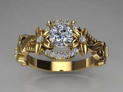 gold ring jewelry flower and leaf 3D print model