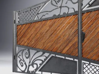 Wrought iron gates with wooden boards Low-poly 3D model