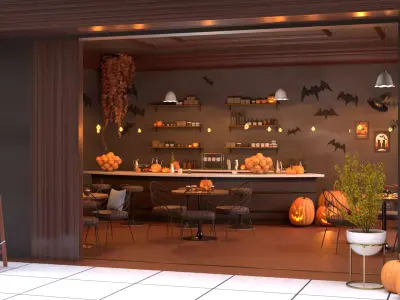 Halloween Cafe Interior Complete Scene with Furniture and Props 3D model