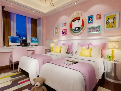 Girls bedroom with two beds in pink color 3D model