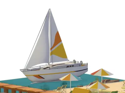 isometric house island coniferous trees cottage Low-poly 3D model