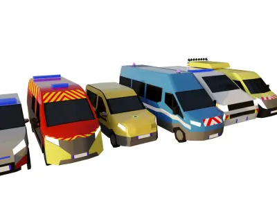 LowPoly French Service Vehicles Vinci SMUR Police Pompier Poste  Low-poly 3D model