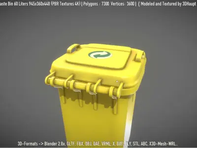 Yellow Plastic Waste Bin 60 Liters 945x360x448 Low-poly 3D model