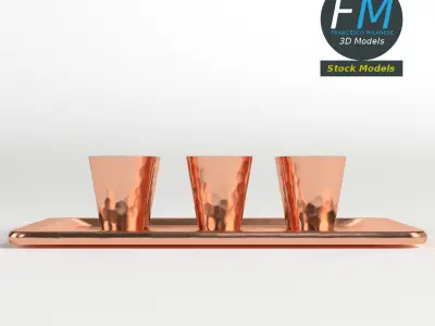 Copper shot glasses on a tray 3D model