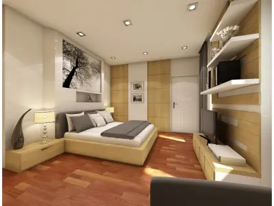 bedroom 1 with wooden floors and walls 3D model