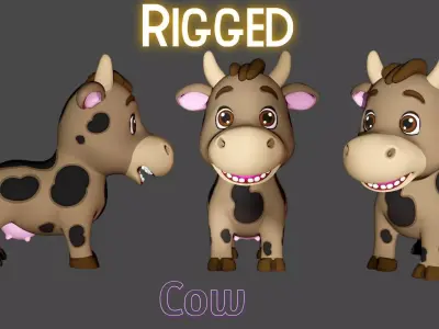 Rigged Dark Brown Spotted Cute Farm Cow  Low-poly 3D model