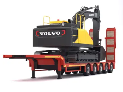 Lowboy Trailer with Excavator Volvo EC300E 3D model