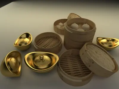 Chinese gold ingot and bamboo steamer buns  3D model